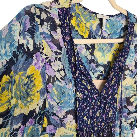 Joie Womens S Blue Floral Tasseled Tie Neck Layered Tunic Silk Blouse Top - Picture 5 of 8